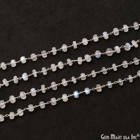 Rainbow Moonstone 6-7mm Silver Wire Wrapped Rondelle Faceted Bead Rosary Chain