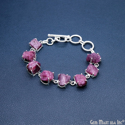 Natural Rough Gemstone In Silver Plated Prong Setting Toggle Clasp Bracelet 7 Inch