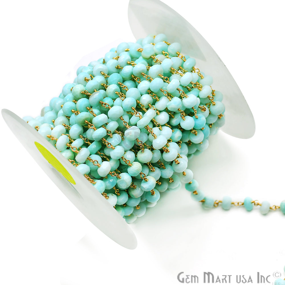 Blue Opal Rondelle Beads Gold Plated Wire Wrapped Rosary Chain - GemMartUSA (763909275695)