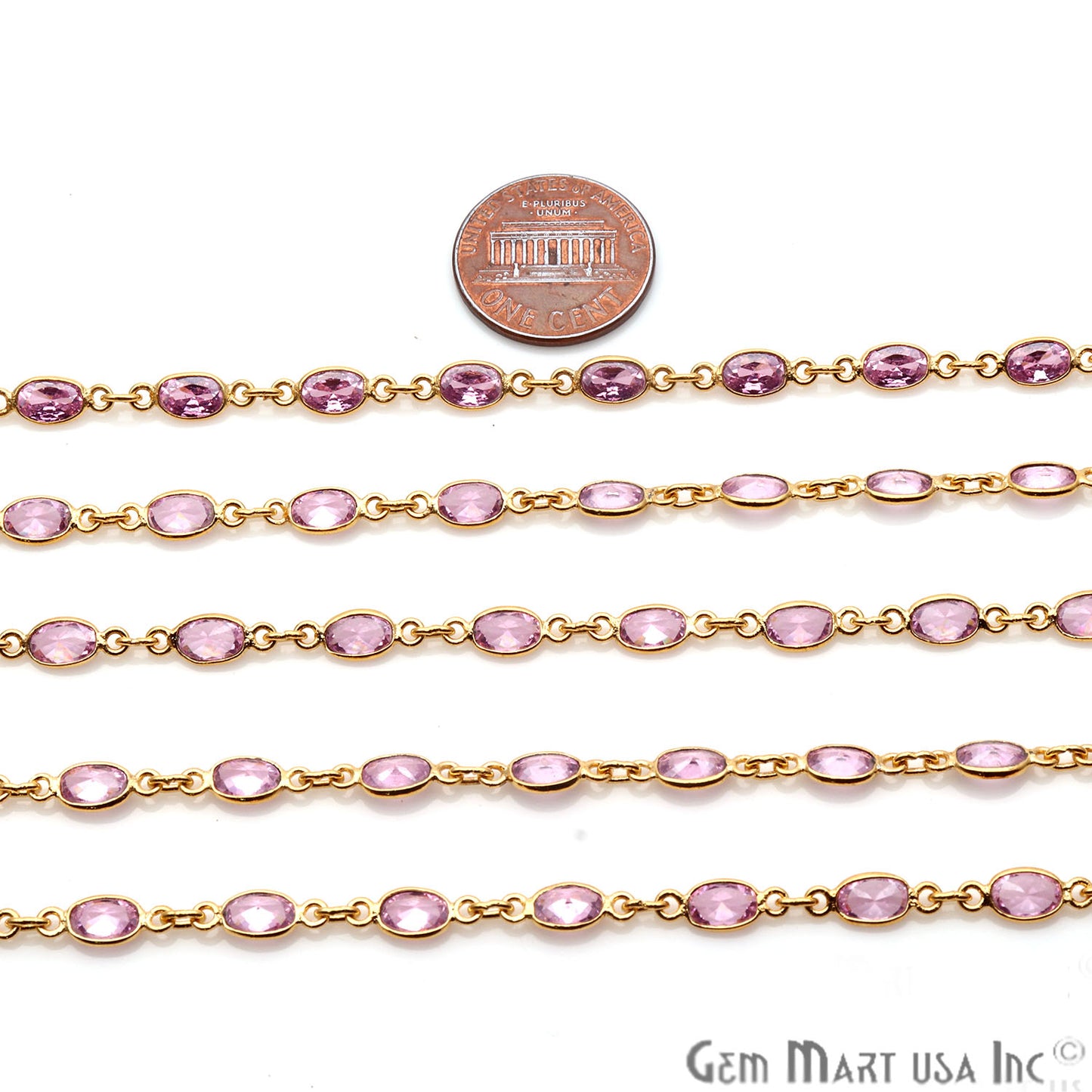 Pink Zirconia 6x4mm Oval Gold Plated Continuous Connector Chain - GemMartUSA