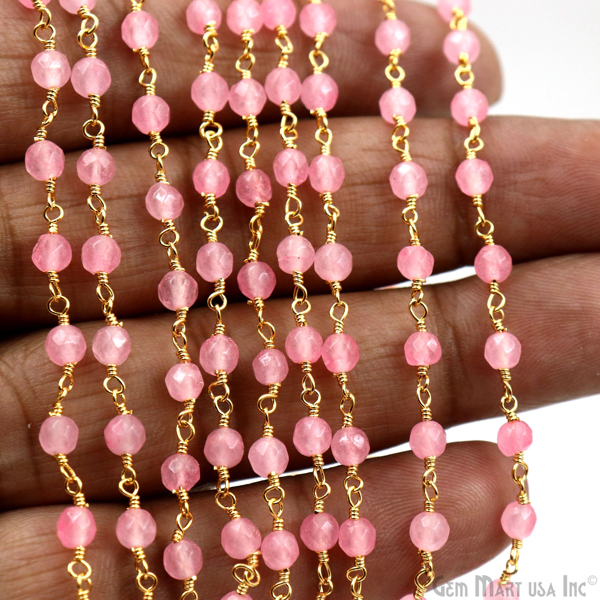 Light Pink Jade Beads 4mm Gold Plated Wire Wrapped Rosary Chain