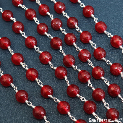 Red jade Faceted Beads 8mm Silver Wire Wrapped Rosary Chain