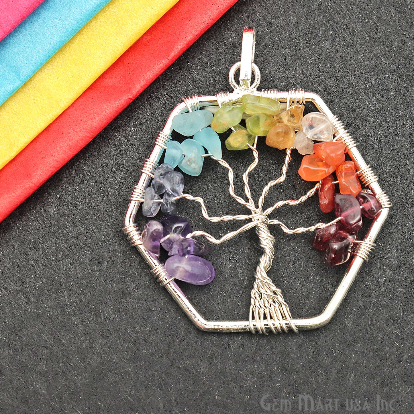 Tree of Life Multi Color Silver Wire Wrapped 42mm Chakra Pendant - GemMartUSA