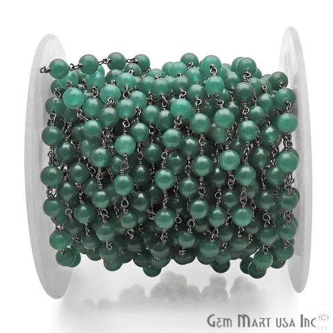 Green Jade Smooth Beads 6mm Oxidized Wire Wrapped Rosary Chain - GemMartUSA