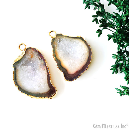 Geode Druzy 24x35mm Organic Gold Electroplated Single Bail Gemstone Earring Connector 1 Pair