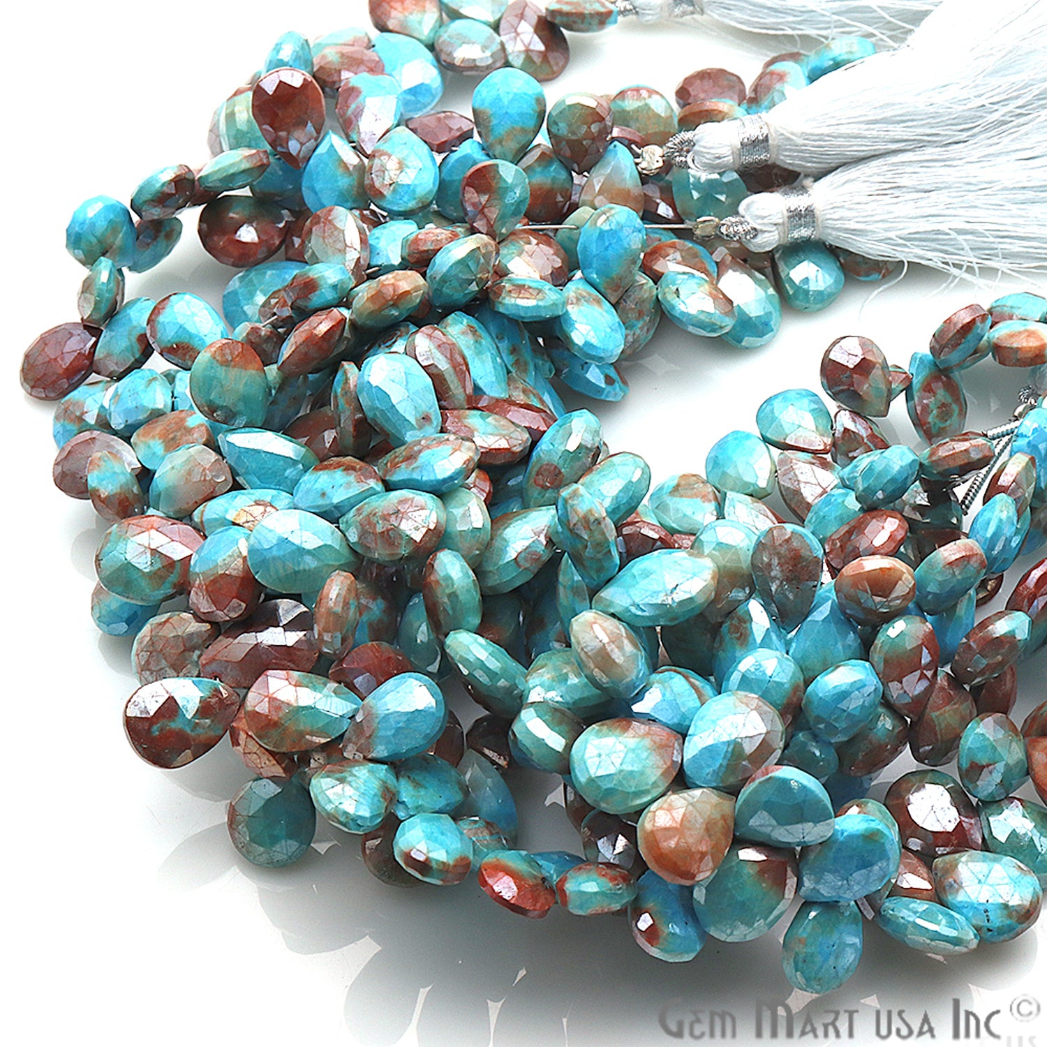 Silica Turquoise Gemstone 7x10mm Pear Beaded Handmade Silver Wire Rondelle - GemMartUSA