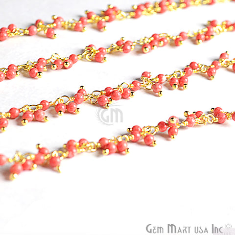 Red Coral Cluster Dangle Beads Gold Wire Wrapped Cluster Rosary Chain - GemMartUSA (764162244655)