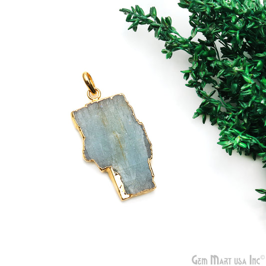 Aquamarine Free Form shape 41x23mm Gold Electroplated Gemstone Single Bail Pendant