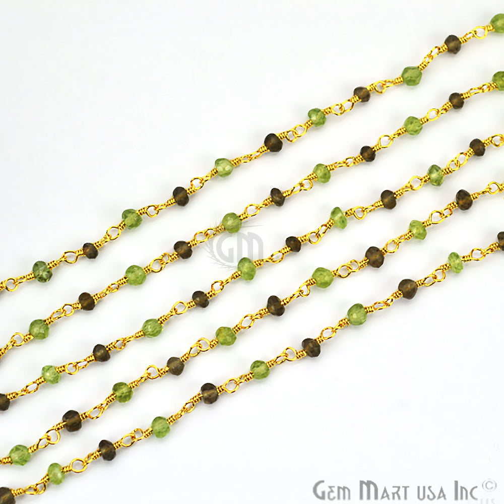 Smoky Topaz With Peridot Beads Rosary Chain, Gold Plated Wire Wrapped Rosary Chain