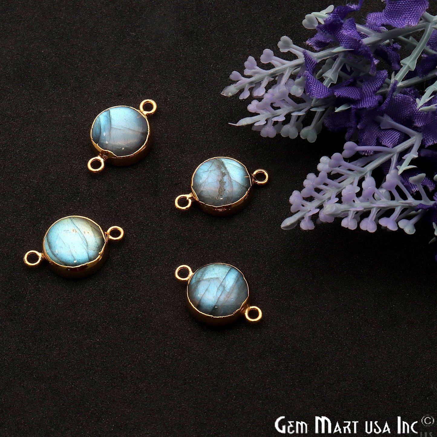 Labradorite Cabochon 20x13mm Round Gold Electroplated Double Bail Gemstone Connector - GemMartUSA