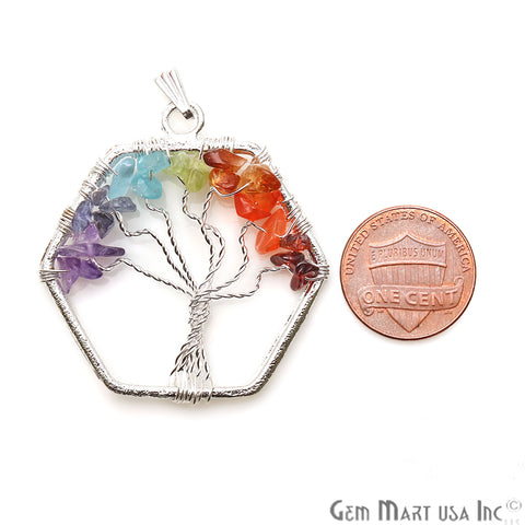 Multi Color Tree Of Life 42x37mm Silver Wire Wrapped Hexagon Shape Pendant - GemMartUSA