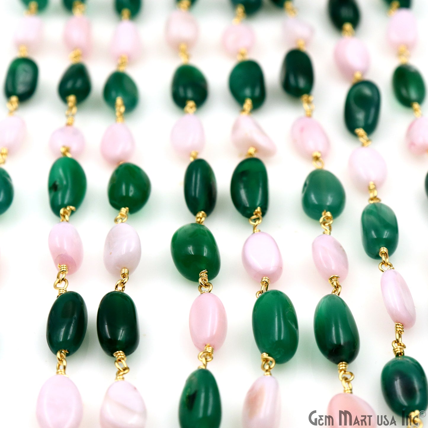 Green Onyx & Pink Opal 12x5mm Tumble Beads Gold Plated Rosary Chain