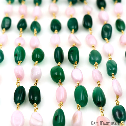 Green Onyx & Pink Opal 12x5mm Tumble Beads Gold Plated Rosary Chain