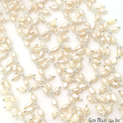 Pearl Faceted Beads Oval 4x3mm Silver Plated Wire Wrapped Cluster Rosary Chain