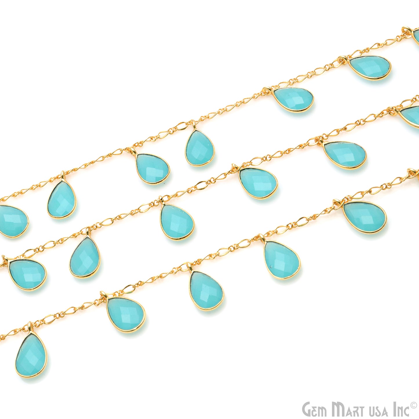 Aqua Chalcedony Pears Gold Bezel Connector Dangle Rosary Chain