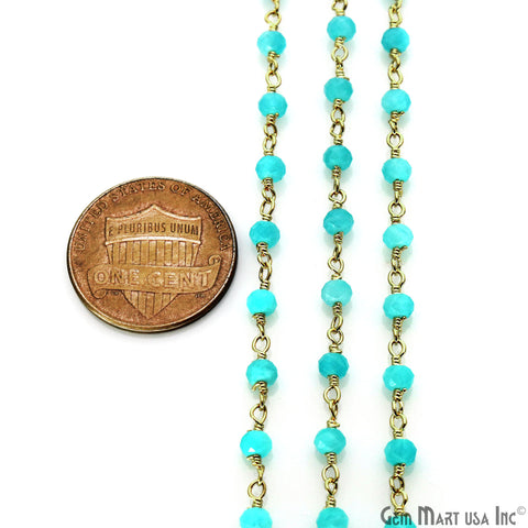 Dark Aqua Chalcedony Faceted Round 3-3.5mm Tiny Beads Gold Plated Wire Wrapped Rosary Chain