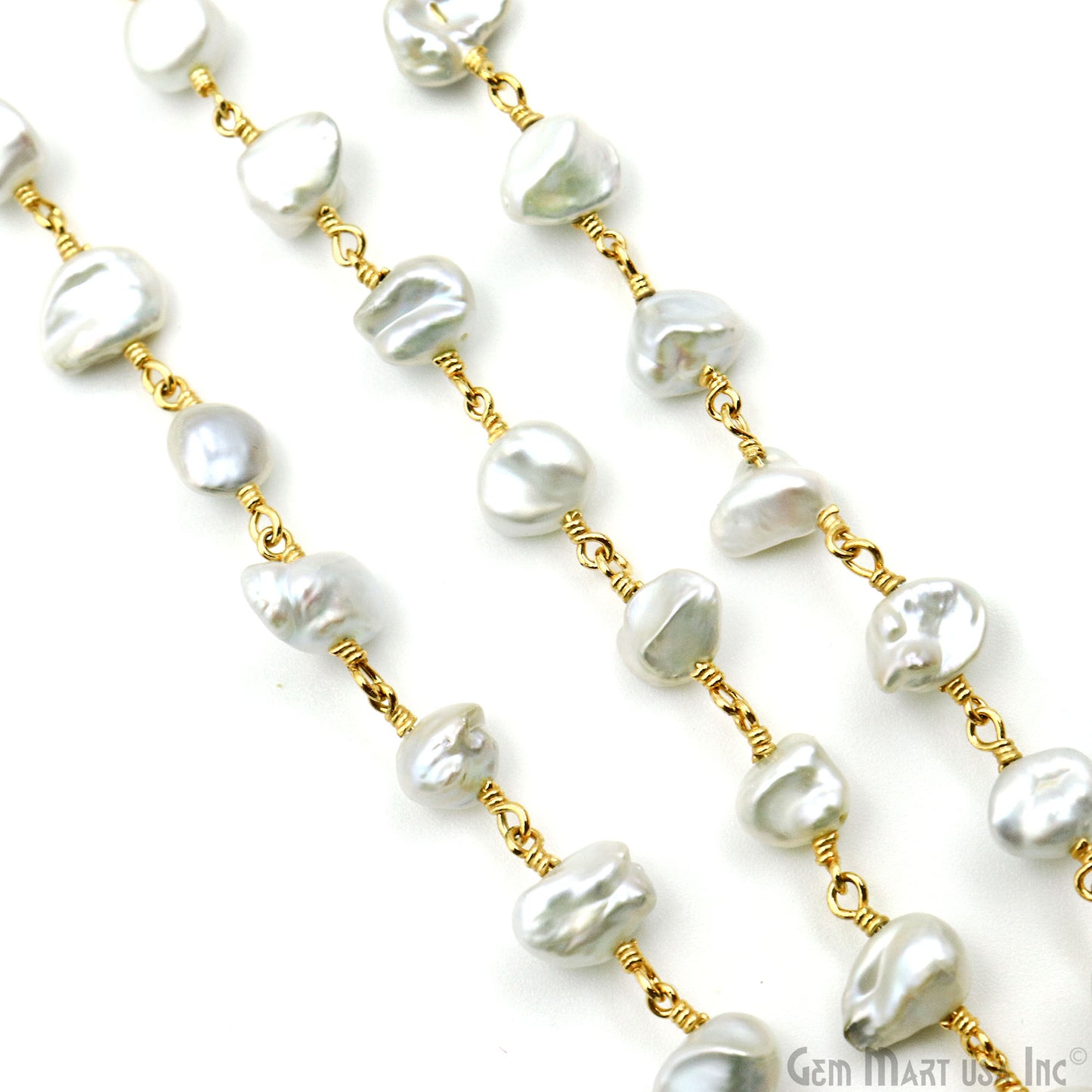 Gray Pearl Free Form Faceted Beads 7-8mm Gold Plated Gemstone Rosary Chain