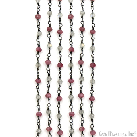 Pink Tourmaline & Labradorite Faceted Beads 2.5-3mm Oxidized Gemstone Rosary Chain