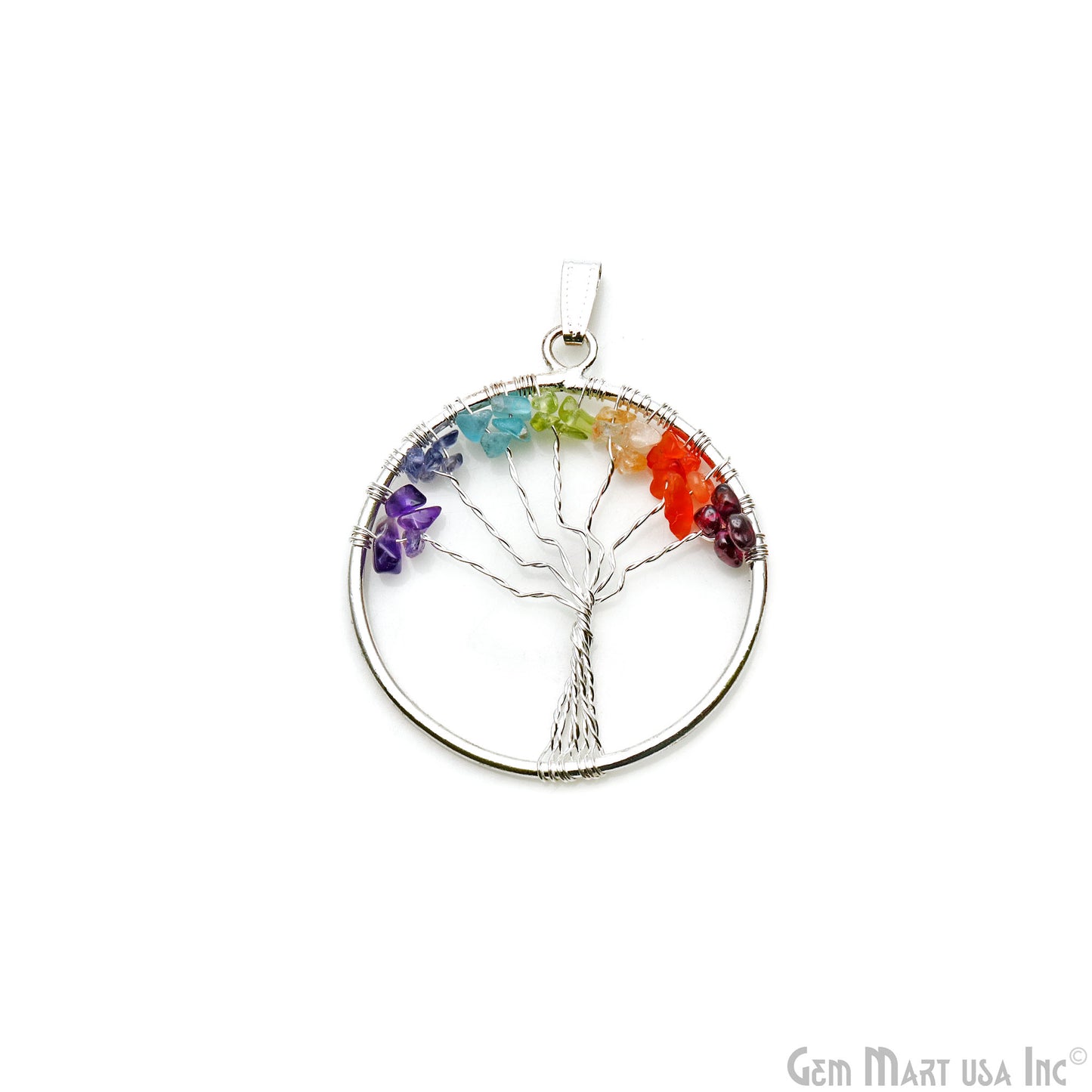 7 Chakra Tree Of Life 52x47mm Silver Wire Wrapped Round Shape Pendant