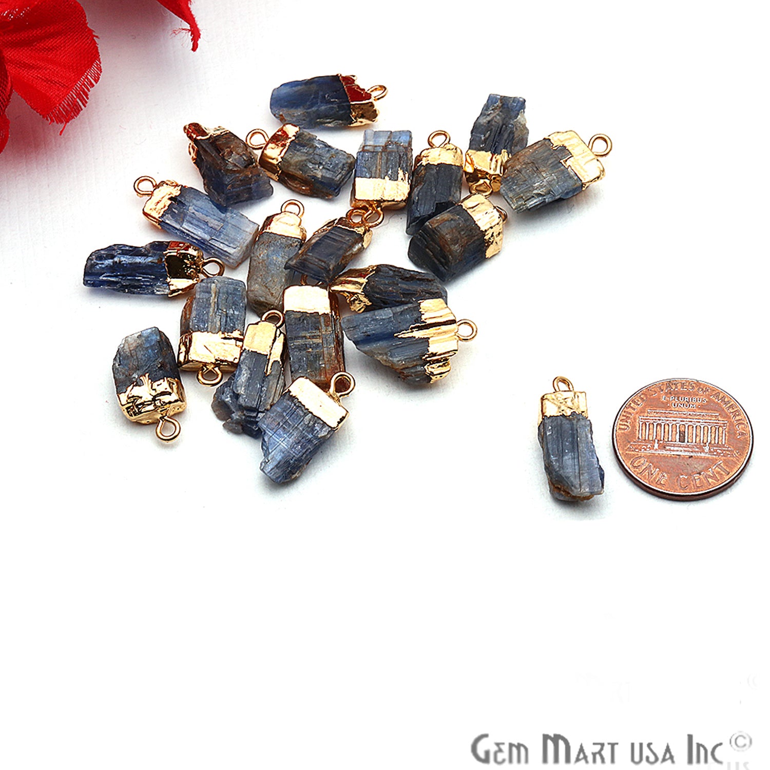 Rough Kyanite Gemstone 18x9mm Organic Gold Edged Single Bail Connector Charm - GemMartUSA