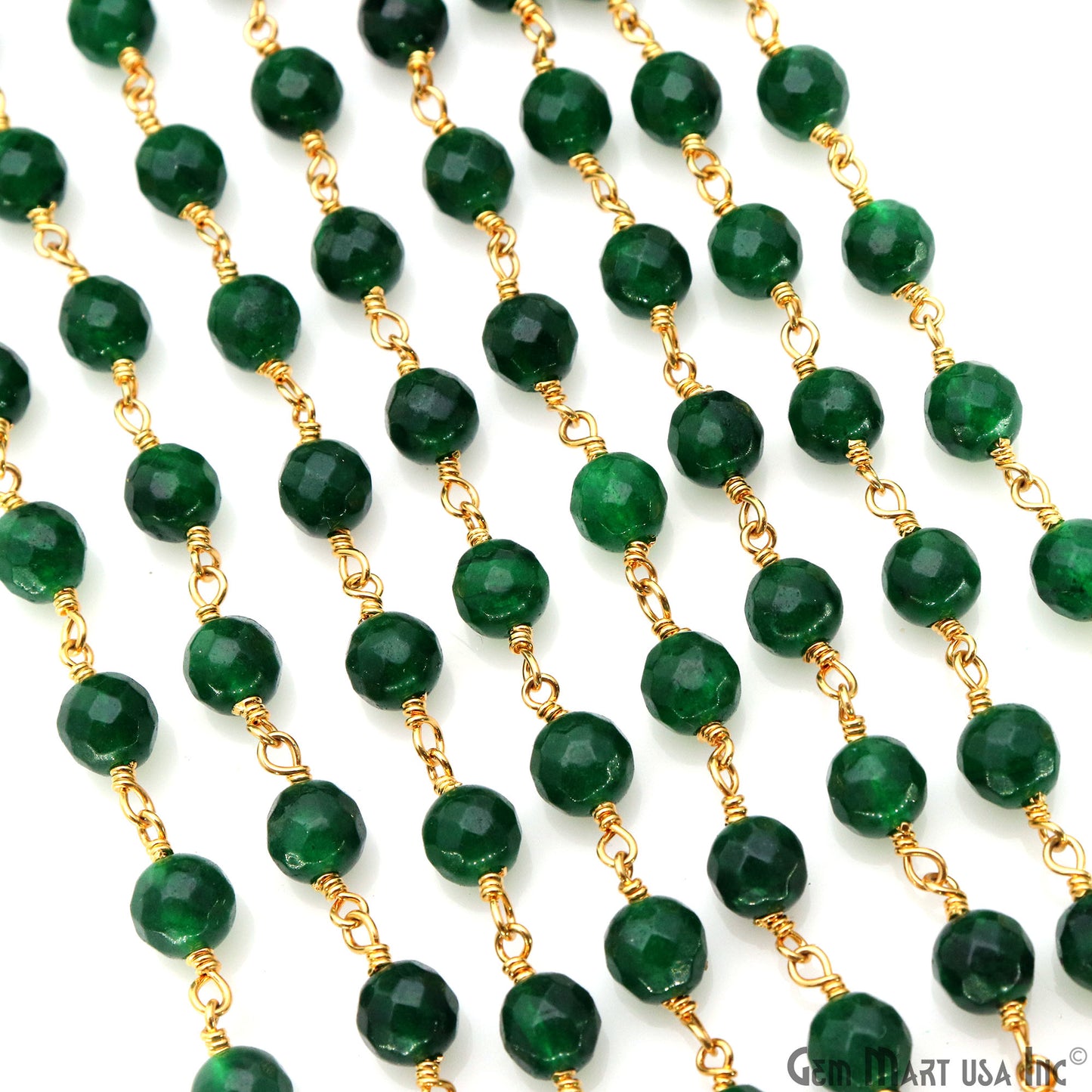 Green Jade Cabochon 6mm Beads Gold Wire Wrapped Rosary Chain