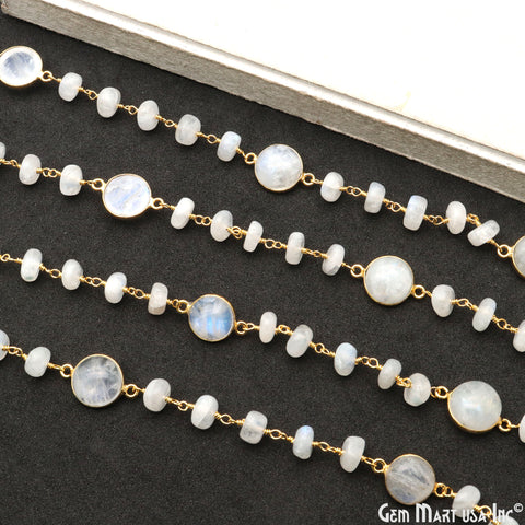 Rainbow Moonstone Cabochon Gold Plated Beads Rosary Chain