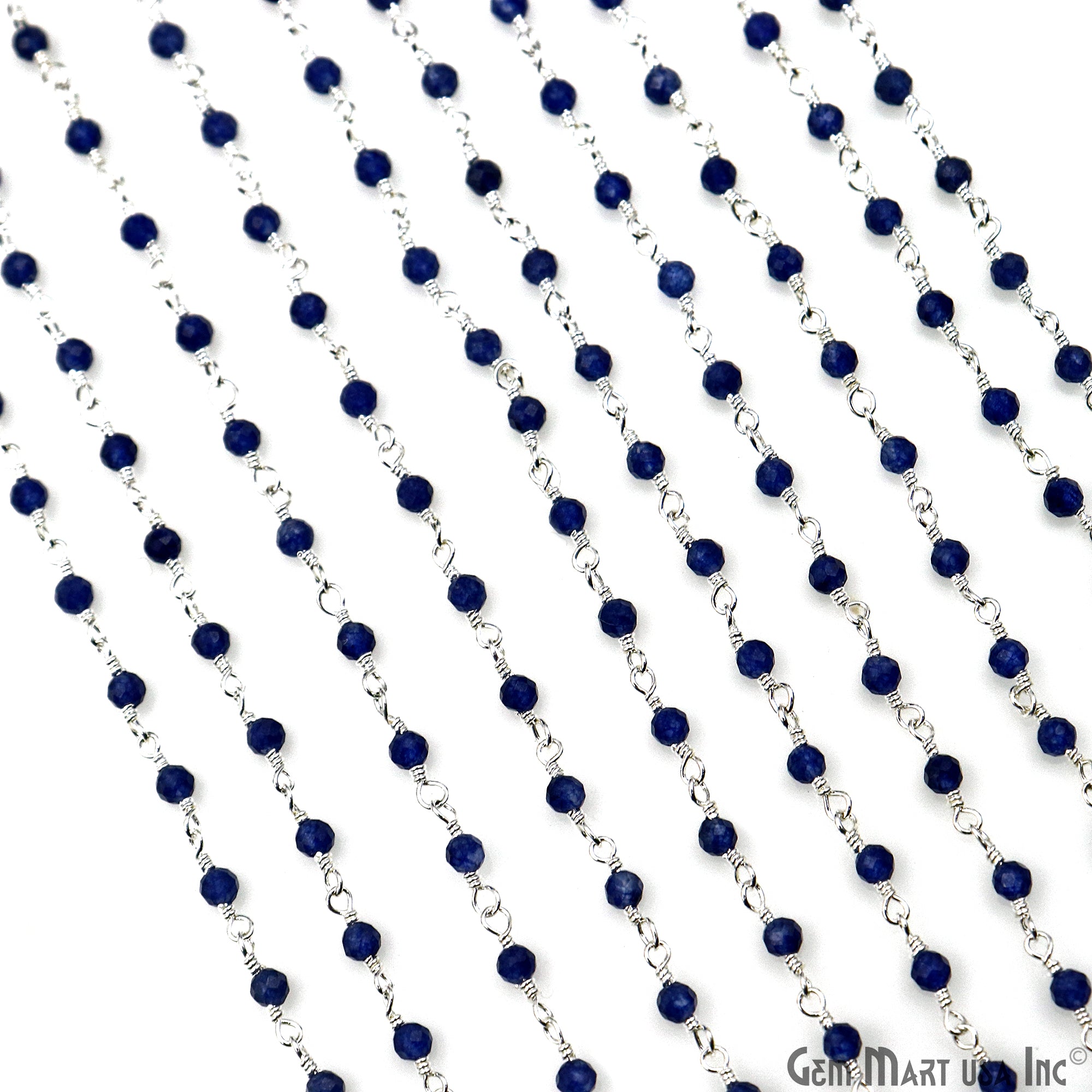 Sapphire 2-2.5mm Tiny Beads Silver Plated Wire Wrapped Rosary Chain