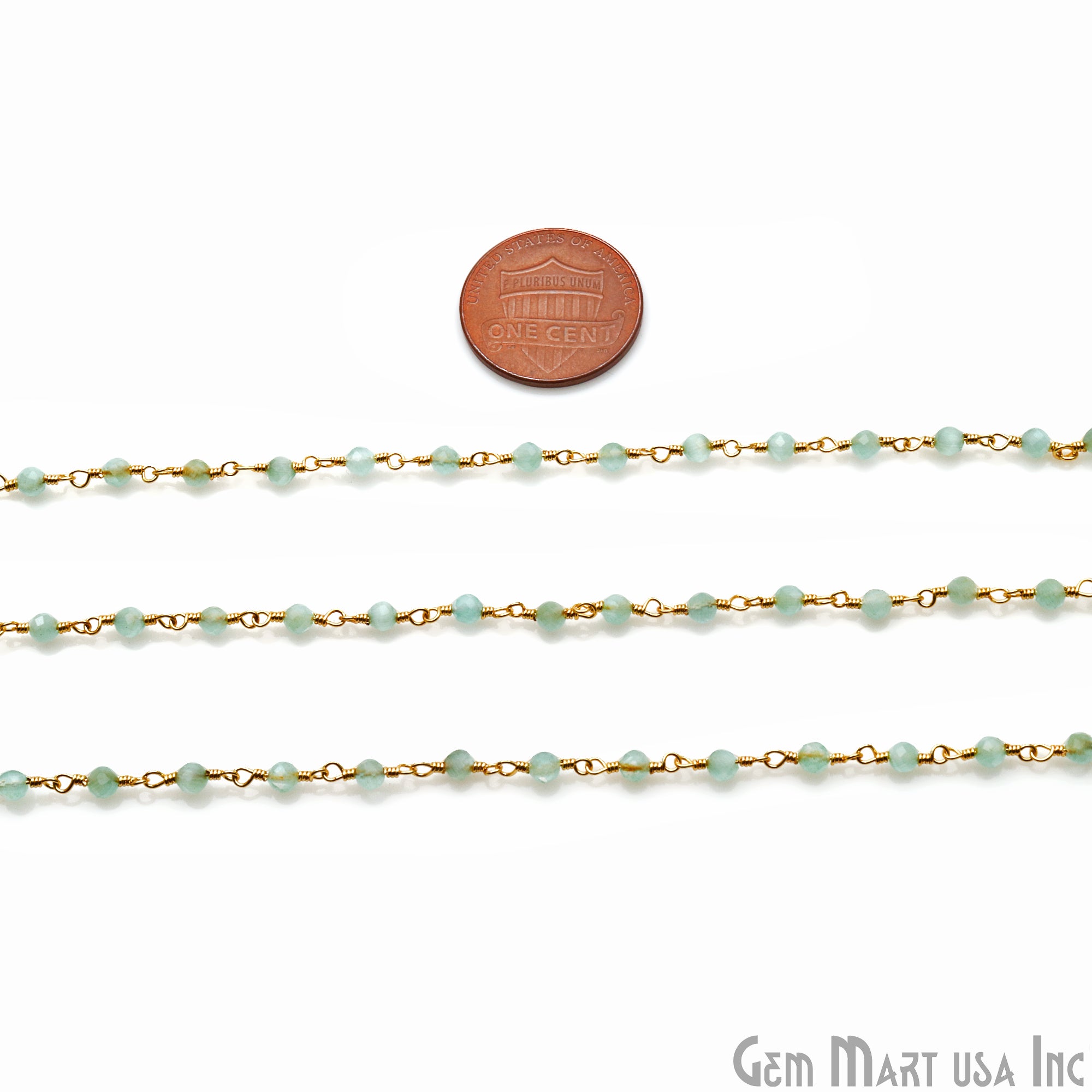 Aqua Monalisa 3-3.5mm Gold Wire Wrapped Rosary Chain - GemMartUSA