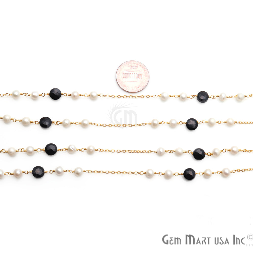 Black Spinel 6mm Pearl 5mm Beaded Gold Plated Wire Wrapped Rosary Chain - GemMartUSA