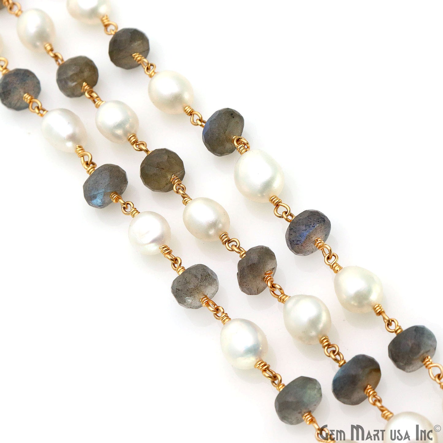 Labradorite & Pearl Beads 8-9mm Gold Plated Rosary Chain