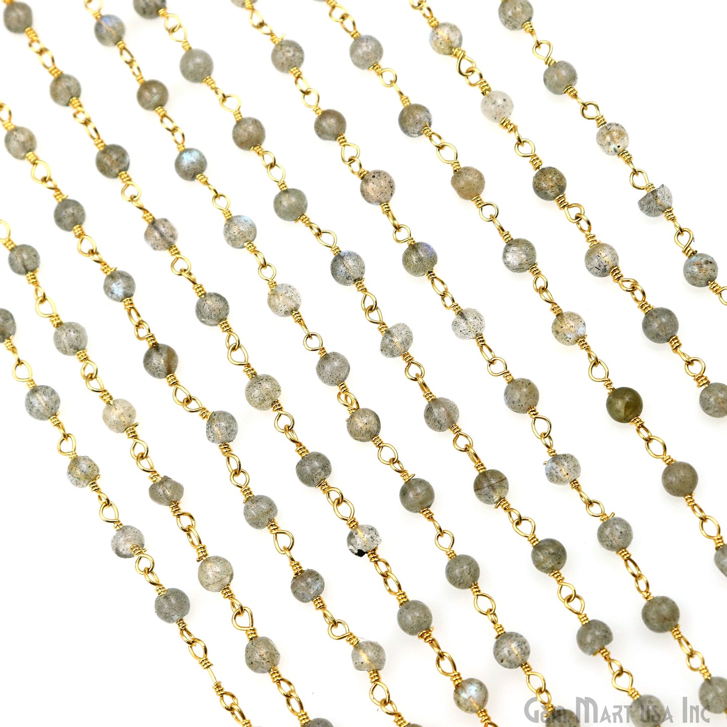 Labradorite Cabochon 3-3.5mm Gold Wire Wrapped Rosary Chain