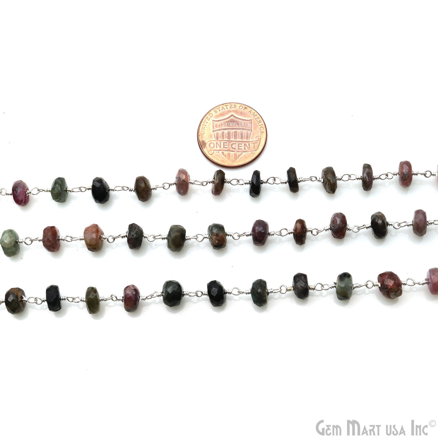 Multi Tourmaline Faceted Beads 7-8mm Silver Plated Wire Wrapped Rosary Chain