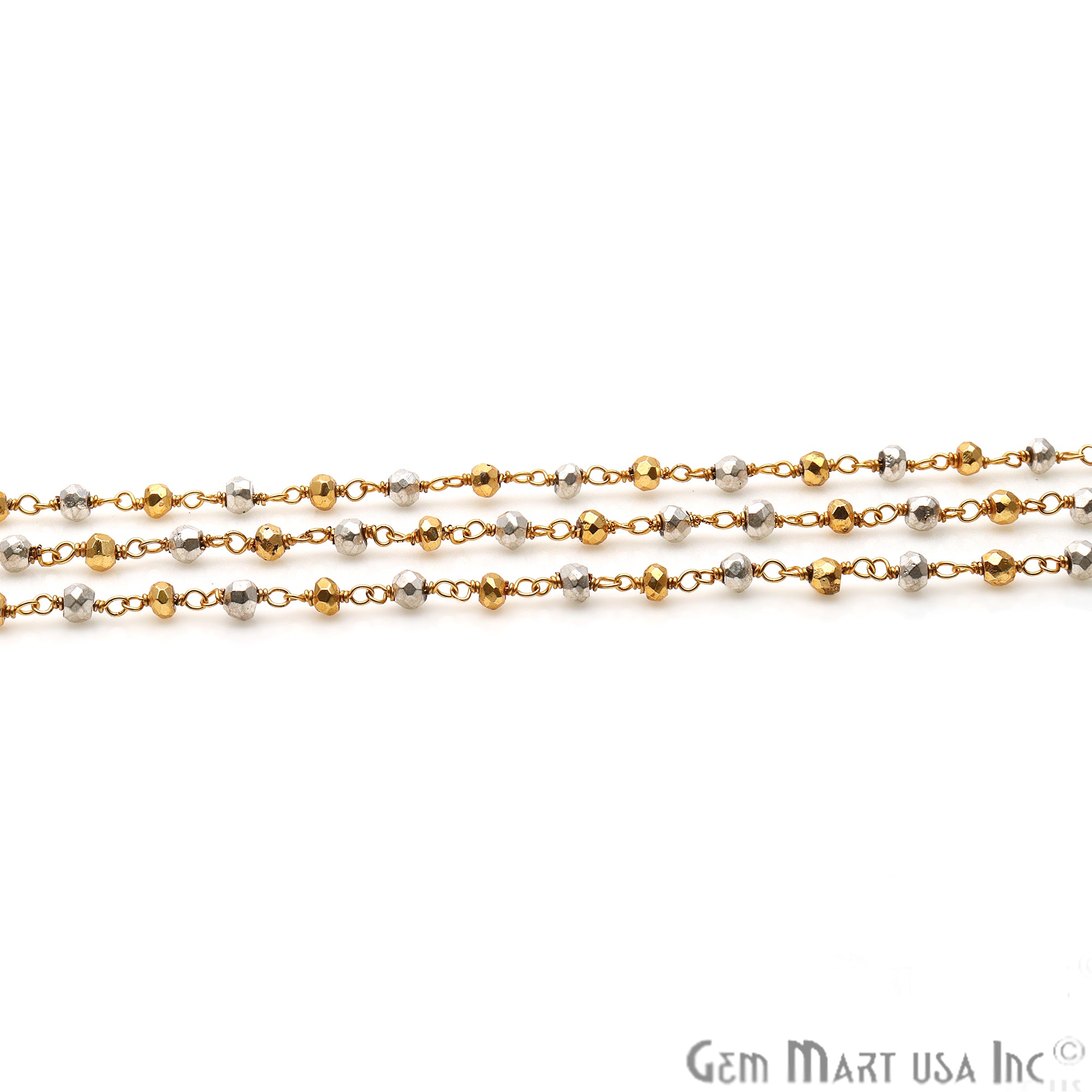 Golden With Silver Pyrite 3-3.5mm Faceted Round Gold Plated Rosary Chain - GemMartUSA