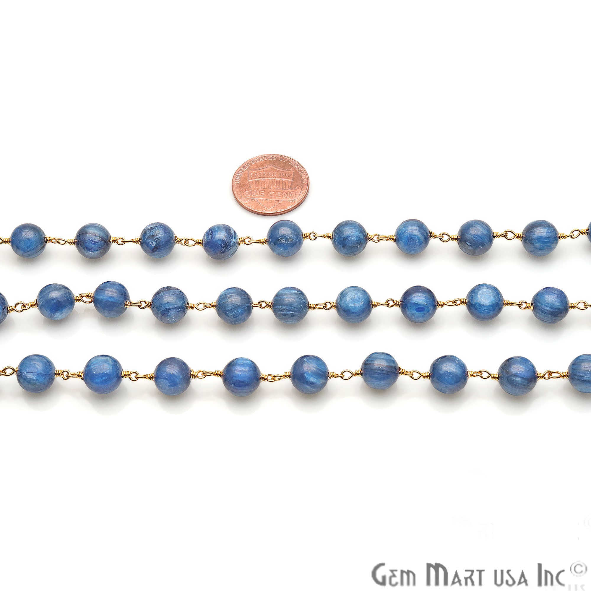Kyanite Smooth Beads 8mm Gold Plated Wire Wrapped Rosary Chain - GemMartUSA