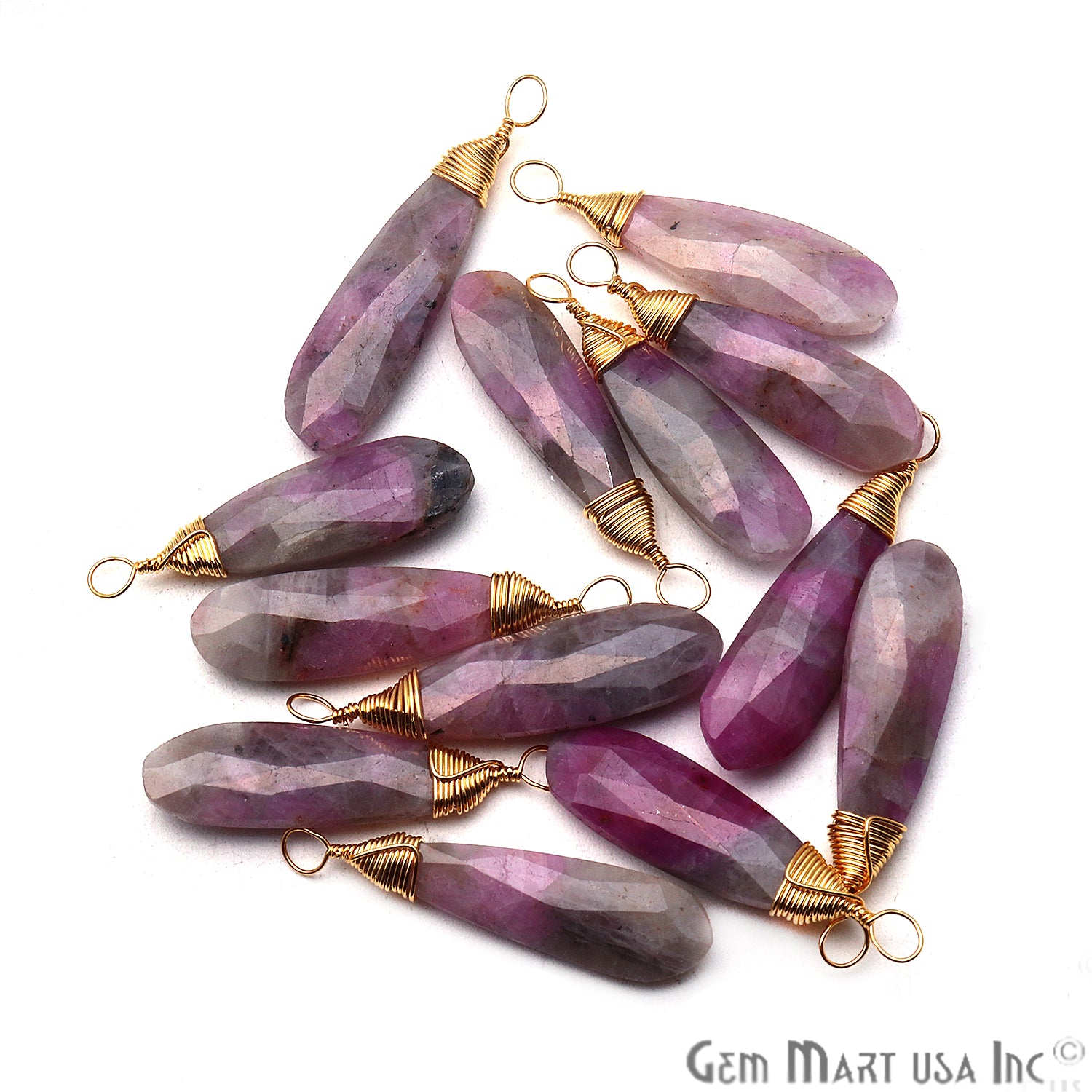 Pink Ruby Zoisite Gold Wire Wrapped 32x8mm Jewelry Making Pears Shape Connector - GemMartUSA