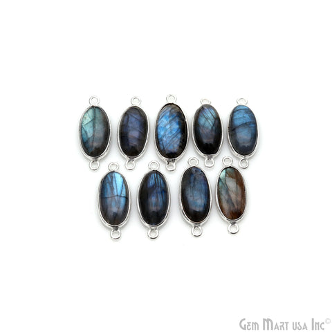 Flashy Labradorite Cabochon 8x16mm Oval Double Bail Silver Plated Gemstone Connector