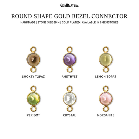 Round 6mm Brilliant Cut Double Bail Gold Plated Gemstone Bezel Connector