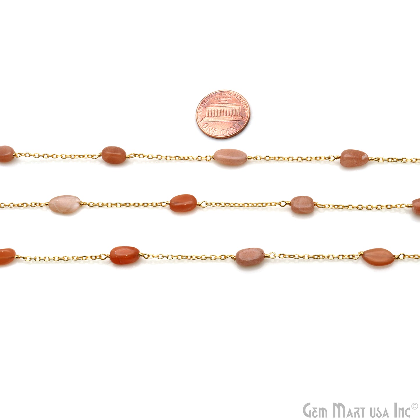 Peach Moonstone Tumble Beads 10x6mm Gold Wire Wrapped Rosary Chain