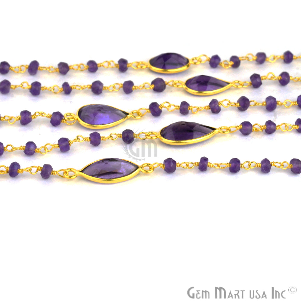 Amethyst 10mm Gold Plated Bezel Rosary Connector Beads Chain - GemMartUSA