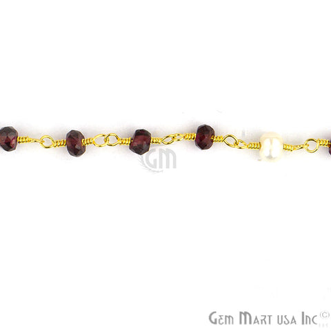 Garnet With Pearl Gold Plated Wire Wrapped Beads Rosary Chain - GemMartUSA