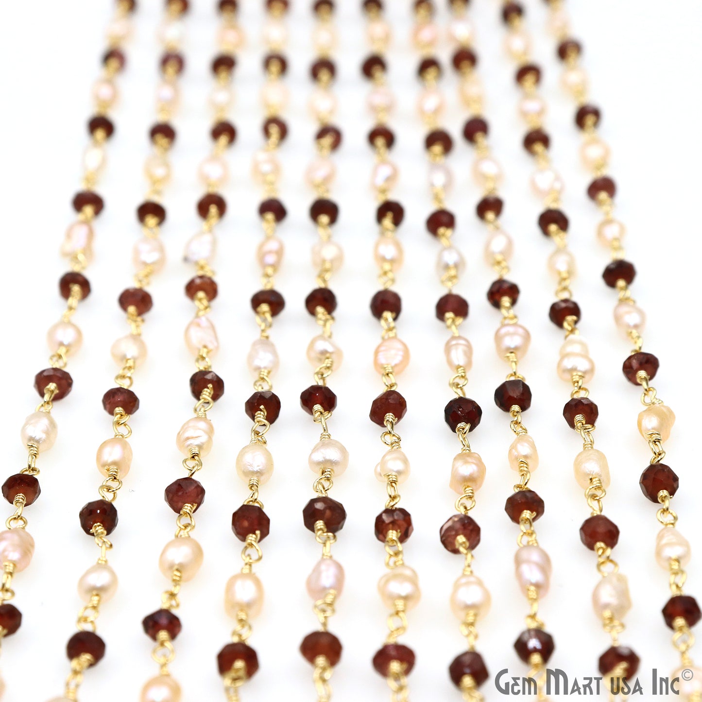 Garnet & Pink Pearl Gold Plated Wire Wrapped Rosary Chain