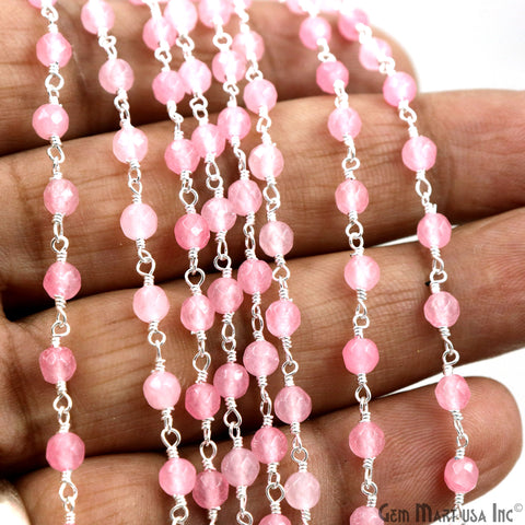 Light Pink Jade Beads 4mm Silver Plated Wire Wrapped Rosary Chain