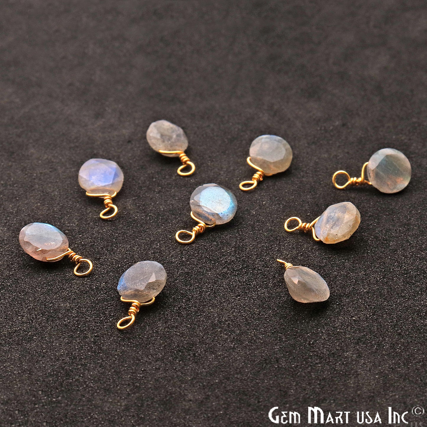 Labradorite 7mm Round Single Bail Gold Wire Wrapped Gemstone Connector - GemMartUSA