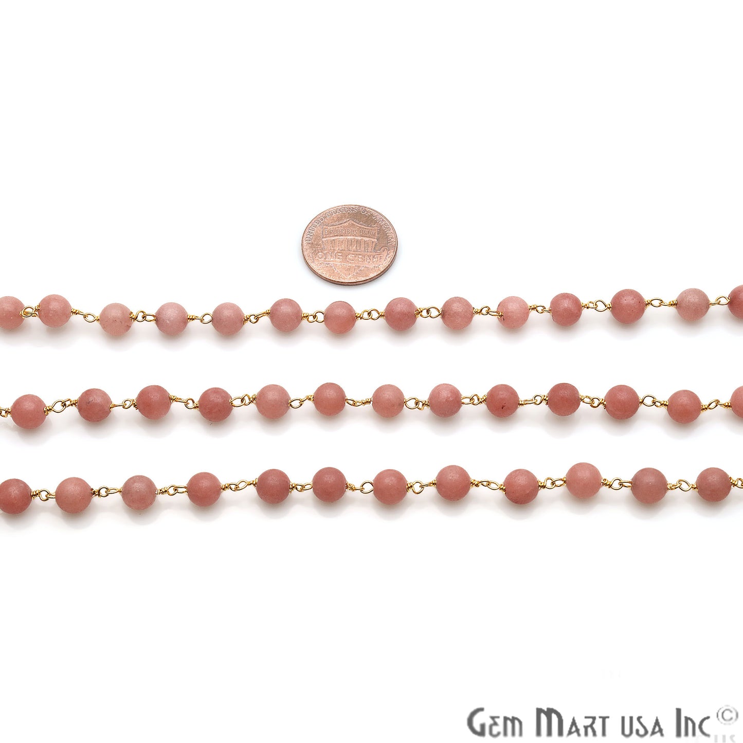 Pink Peach Jade Smooth Beads 6mm Gold Plated Wire Wrapped Rosary Chain - GemMartUSA