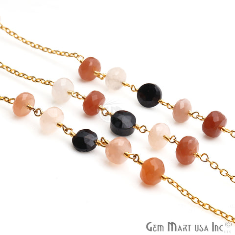 Black Spinel 6mm Sunstone 6-7mm Beaded Gold Plated Wire Wrapped Rosary Chain - GemMartUSA