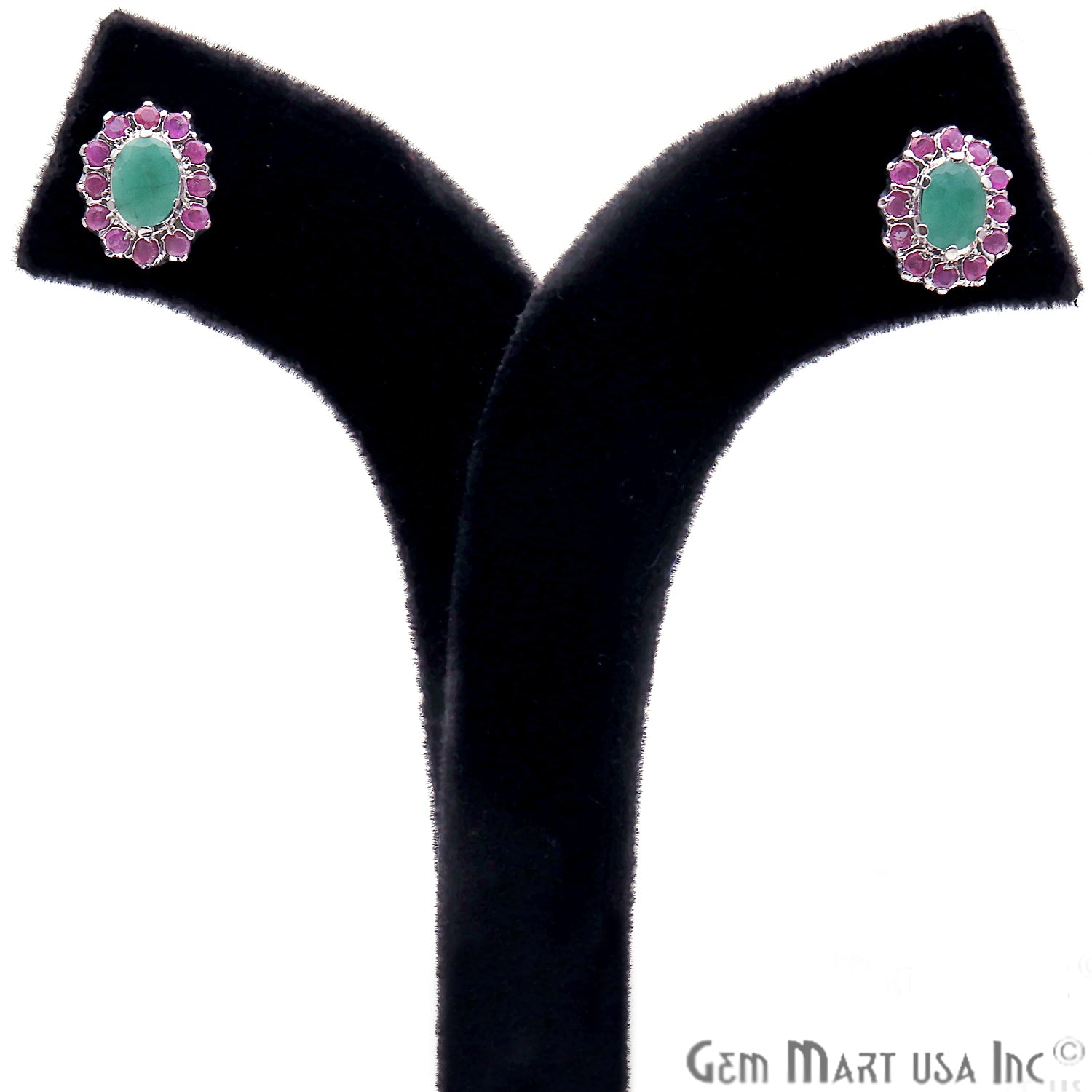 Emerald With Ruby 10x12mm Sterling Silver Oval Shape Stud Earring - GemMartUSA