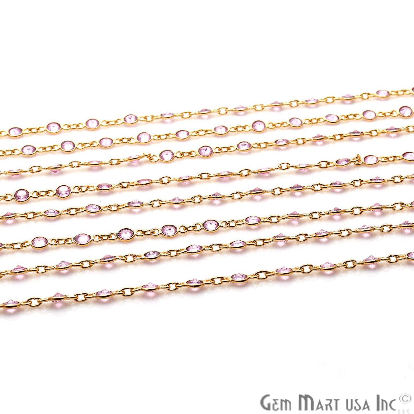 Pink Zirconia 4mm Round Gold Plated Continuous Connector Chain - GemMartUSA