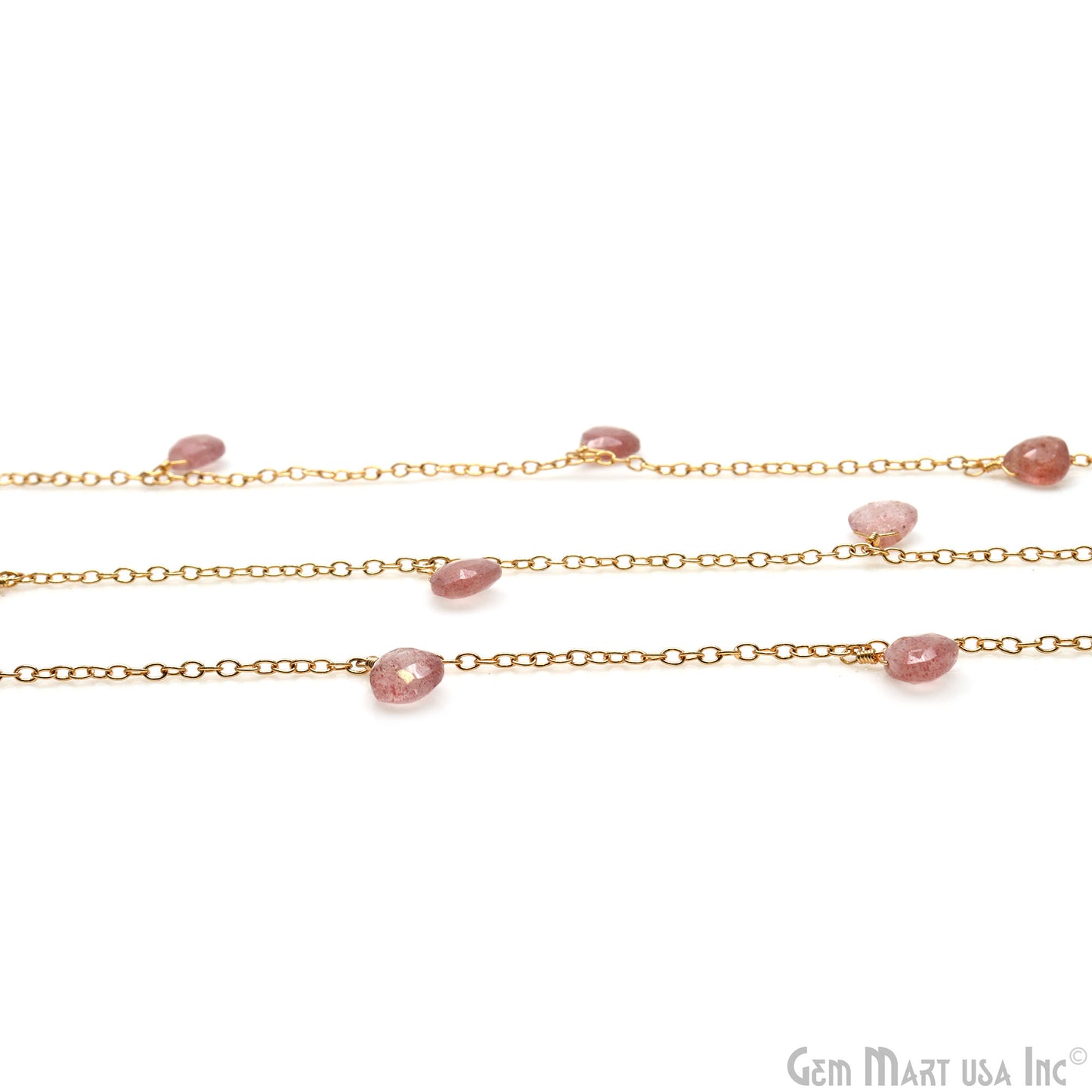 Strawberry Quartz Faceted Heart 8mm Beads Gold Wire Wrapped Dangle Rosary Chain