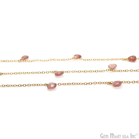 Strawberry Quartz Faceted Heart 8mm Beads Gold Wire Wrapped Dangle Rosary Chain