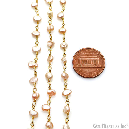 Pink Pearl Free Form 5-6mm Gold Wire Wrapped Beads Rosary Chain